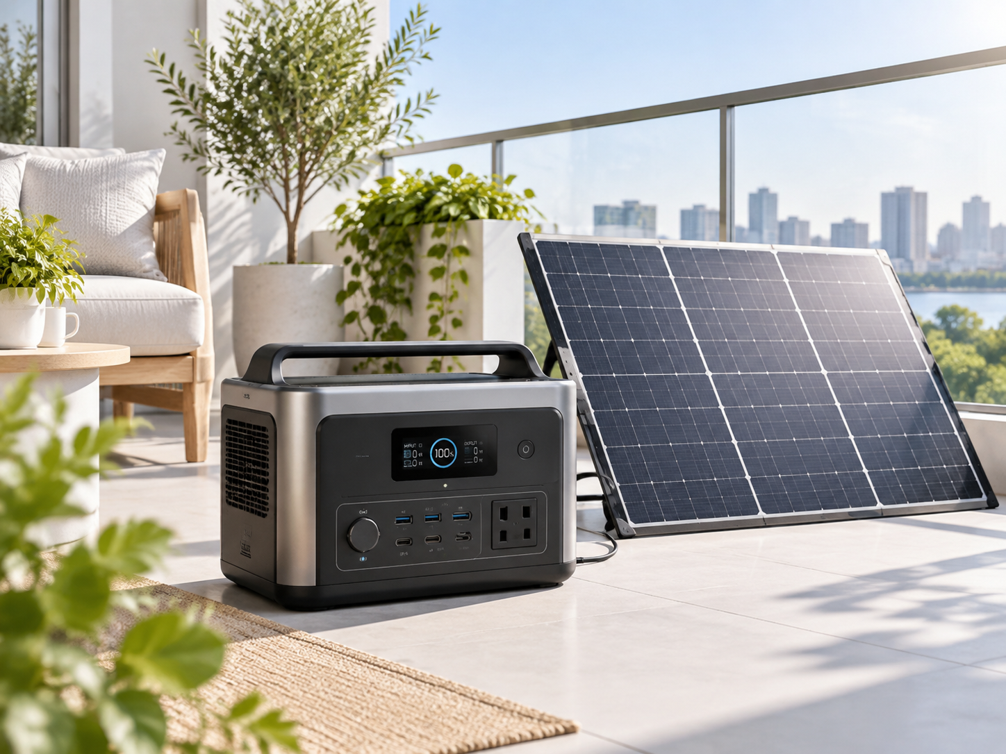 Station EcoFlow et panneau solaire sur un balcon